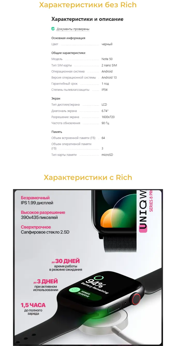 Характеристики товара в rich-контенте