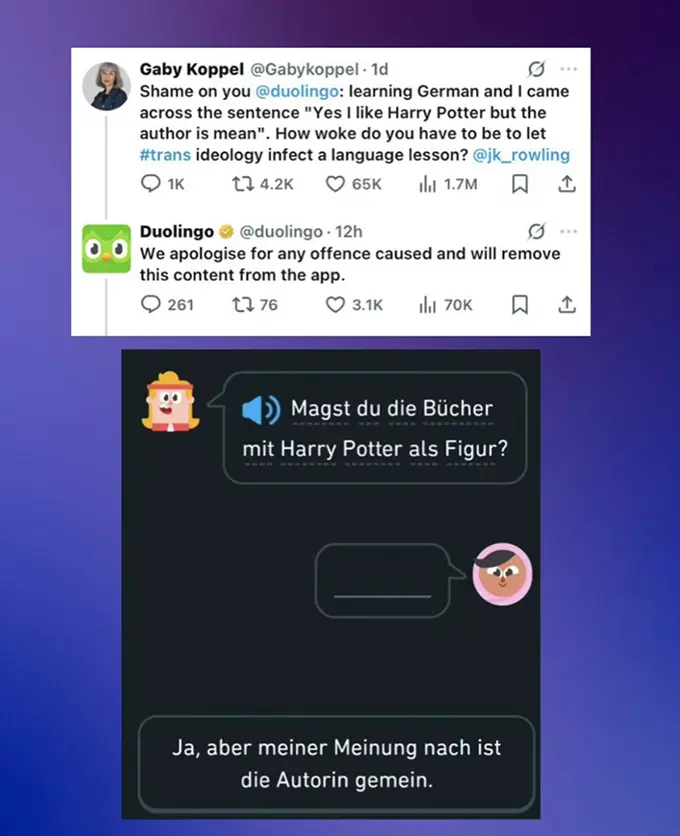 Завуалированный хейт Джоан Роулинг со стороны Duolingo.