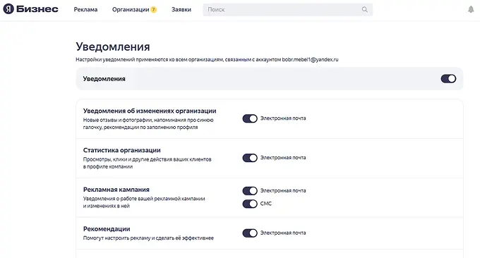 Настройка уведомлений об отзывах в “Яндекс Бизнесе”