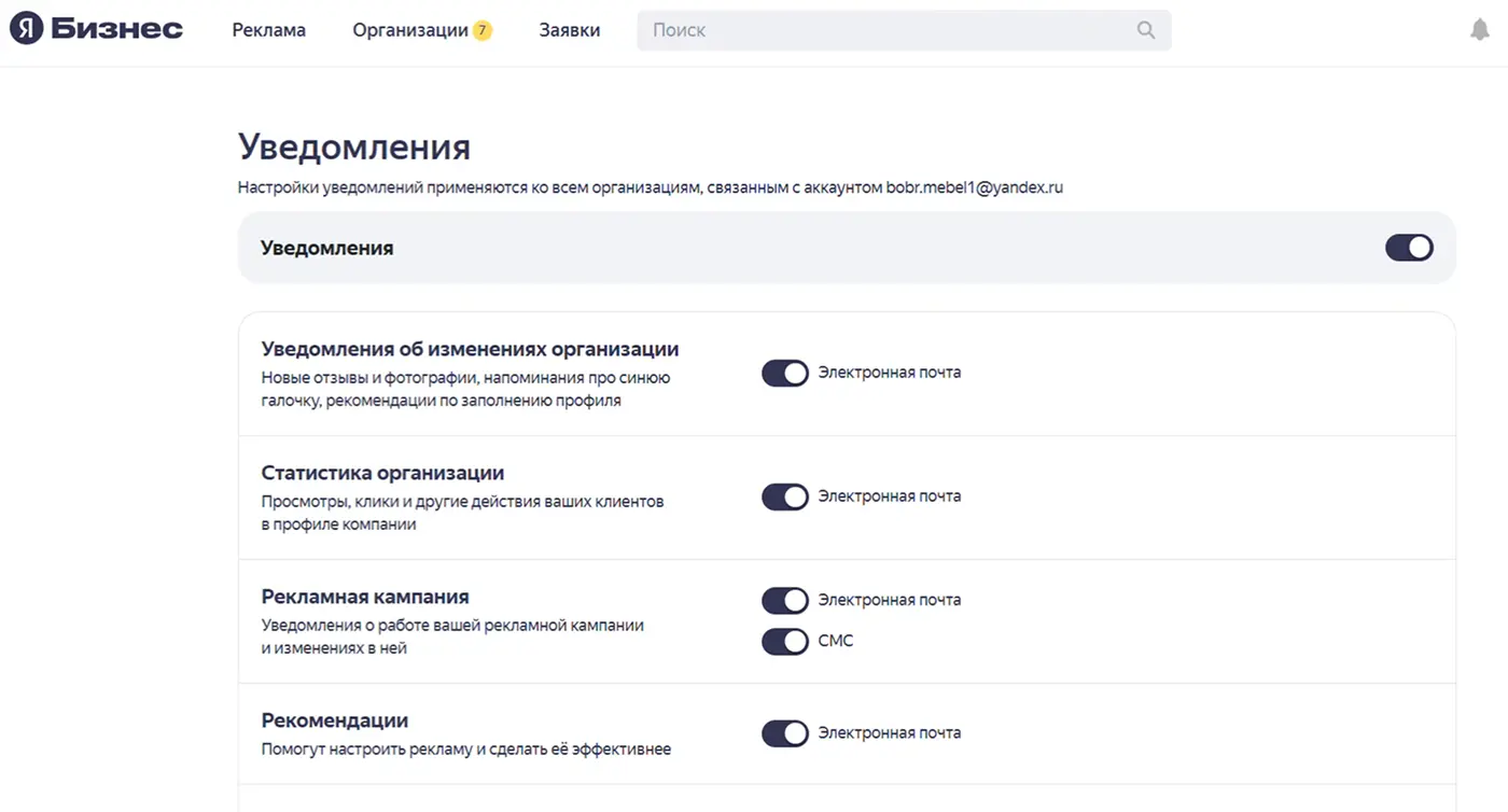 Настройка уведомлений об отзывах в “Яндекс Бизнесе”