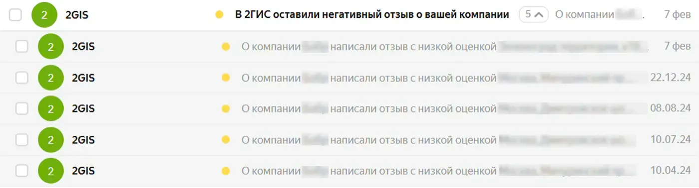 Настройка уведомлений об отзывах в 2ГИС
