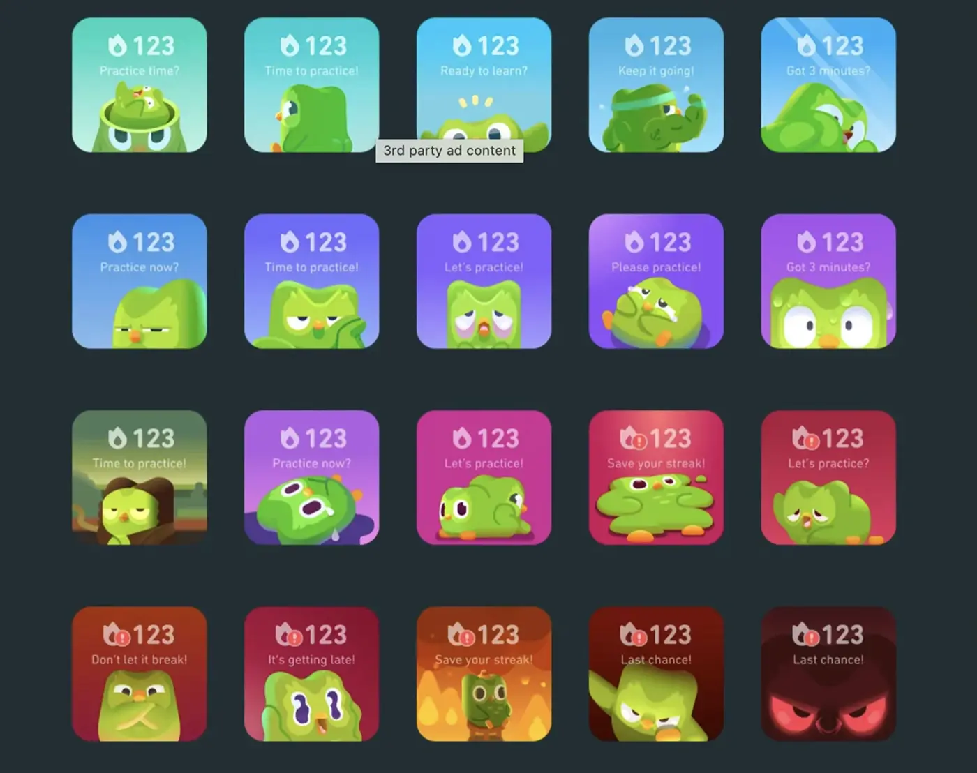 Адаптированные виджеты Duolingo в зависимости от настроения совы