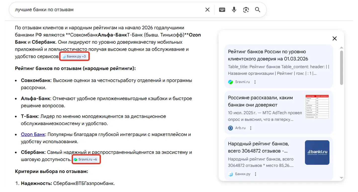 При запросе лучших банков по отзывам нейросеть изучает крупные отраслевые отзовики